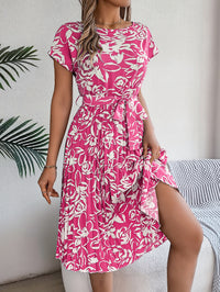 Women's Elegant Floral Print Short Sleeve Flowy Pleated Dress