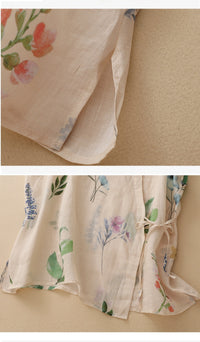 Real-shot In-stock Artistic Cotton-linen Printed Sheer Blouse Vintage Lightweight And Cool-chic Top