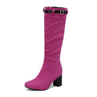 Chunky-heeled Over-the-knee Boots With Color-block Leather Belt Buckle