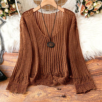 Hollow-out Spring And Summer Long Sleeves Knitted V-neck Plus Size Women's Long-sleeved Sweater