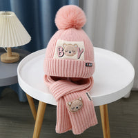 Children Hat Women's Knitted Keep Baby Warm Cartoon Bear Two-piece Set
