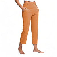 Womens Solid-Colored High-Waist Pockets Casual Pants