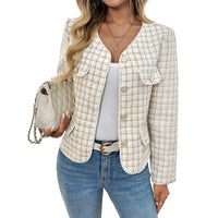 Elegant Retro Debutante Style Women's Lace V-neck Plaid Coat