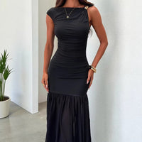Fashionable One-Shoulder Metal-Twist Cinched Waist Mesh Dress