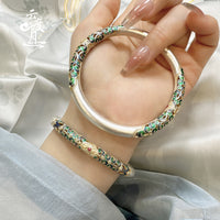 S999 Sterling Silver Enamel Scroll Pattern Gold-Painted Bracelet For Women, Chinese Traditional Style, Fixed Bangle, All-Match Jewelry