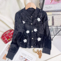 Women's Patchwork Floral Knit Cardigan Round Neck Warm Sweater