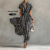 Elegant Womens Outfit Belted Short-sleeve Striped Shirt Dress