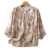 Sweet Doll Shirt With A Round Neck Three-quarter Sleeves And A Delicate Peony Floral Print On Ramie Fabric