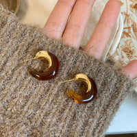 Vintage Amber Resin Gold Hoop Earrings For Women, Trendy 2026 Maillard Style Chunky Gold & Brown Resin C-Shaped Hoops, Lightweight Fashion Ear Jewelry
