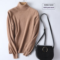 Pure Wool Sweater Women's Turtleneck Pullover Solid Color Loose Short