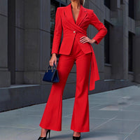 One Button Waist Cinched Belted Flared Pants Suit Set