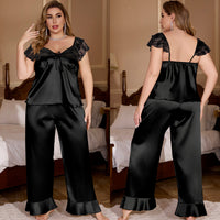 Plus Size Ic Silk Womens Summer Lace Sexy Short Sleeve Pants Loungewear Set