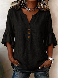 Solid-color V-neck Three-quarter-sleeve Ruffled Casual Cotton-linen Top