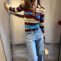 Retro-collar Slimming Versatile Striped Sweater