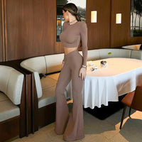 European And American Solid Color Padded Shoulder Long Sleeve Top High Waist Trousers Suit