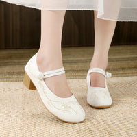 Short Heel Embroidery Frog Button 5CM Round Toe High Heels