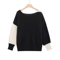 Plus Size Women's Black And White Contrast Color V-neck Long-sleeve Knitwear Top