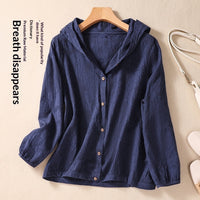 Cotton-Linen Plus-Size Loose-Fit Shirt Hooded Cardigan Long-Sleeve Top For Women