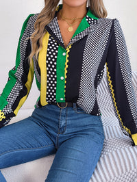 Women's Office Elegant Color Block Polka Dot Notched Lapel Long Sleeve Shirt