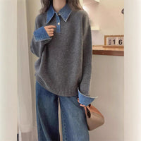 Women's Denim Sleeve Stitching Fake Two Pieces Sweaters Coat New Loose