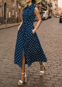 Sleeveless Retro Polka-Dot Collar Fake Button Lace-Up Womens Dress