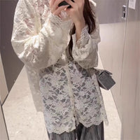 Womens V-neck Hollow-Out Crochet Long-Sleeve Lace Shirt