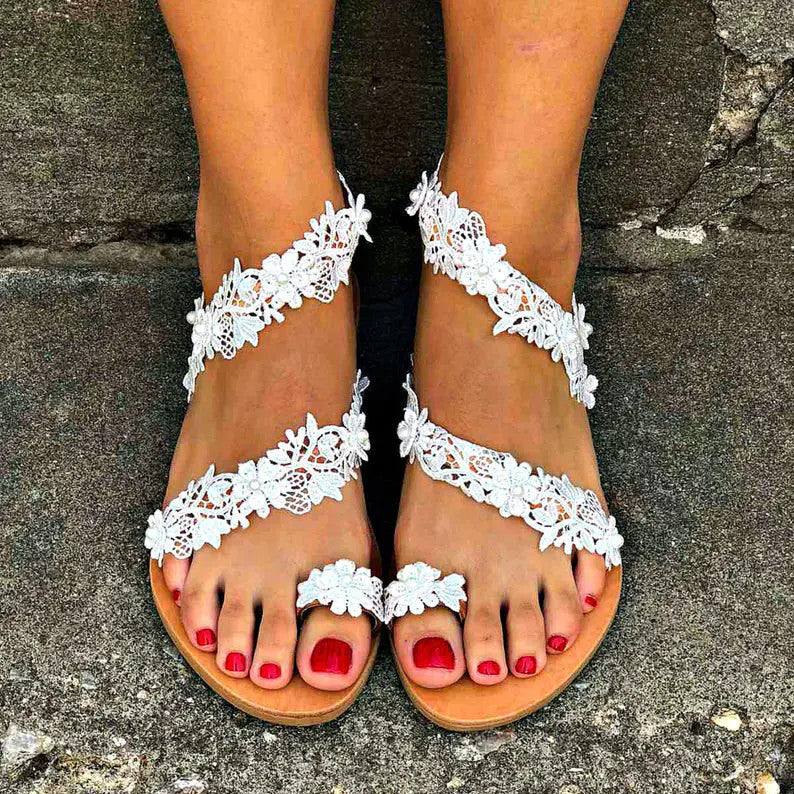 Flat Toe Ring Pearl Flower Sandals