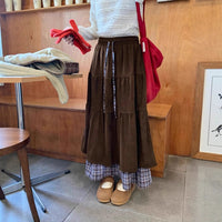 Niche Patchwork Fake Two-piece Plaid Cake Maxi Dress