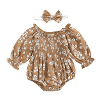 New Floral Jumpsuit Off-shoulder Kids' Rompers Headscarf Two-piece Pink Camel