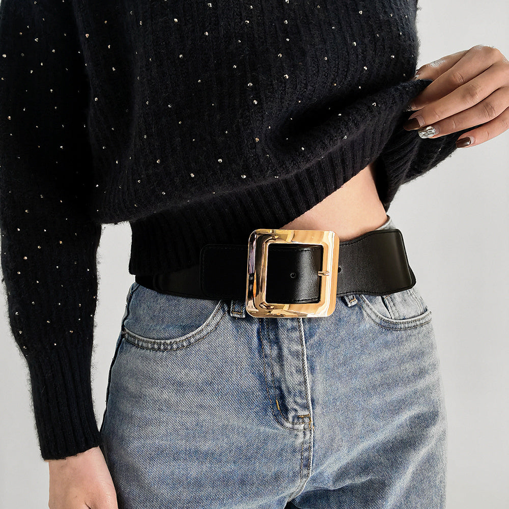 Retro Women's Metal Square Buckle Elastic Elastic Belt Simple Black Needle Buckle Everything Wide Waist Seal Senior Belt