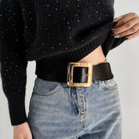 Retro Women's Metal Square Buckle Elastic Elastic Belt Simple Black Needle Buckle Everything Wide Waist Seal Senior Belt