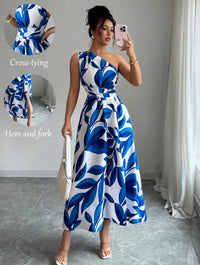 Womens Printed Off-the-Shoulder Slit Dress