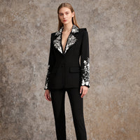 Retro Embroidered Long-Sleeve Fitted Waistline Button-Up Blazer