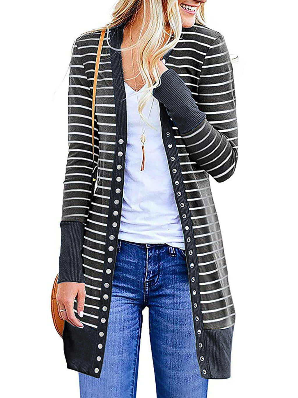 Autumn And Winter Plus Size Women's Fashionable Mid-length Button Striped Cardigan