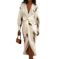 V-neck Long-sleeve Lace-up Printed Maxi Dress