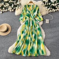 Lantern-sleeve Tie-Dye Printed Dress Womens SpringSummer High-End Defined-Waist Flared Maxi Dress