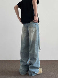 Wide Leg Straight Cat Beard Water Washed Hole Jeans