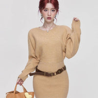 Womens Cinched Sheath-Fit Pure-Desire Knitted Sweater Dress For Layering