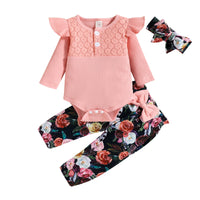 Sunken Stripe Long-sleeved Triangle Romper Flower Print Trousers Baby Girl Children's Suit
