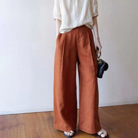 Womens Cotton-Linen Wide-Leg High-Waist Drapey Straight-Cut Casual Pants