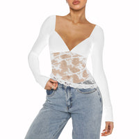 Autumn New Solid Color Lace Patchwork Top Womens Clothing