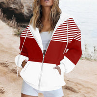 Striped Printed Pocket Long Sleeve Loose Hooded Sweater Zipper Jacket