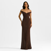 Womens Solid-Color Elegant Spliced Off-Shoulder Dress