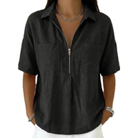 Loose-fit Lapel Short-sleeve Casual V-neck Zip-up Shirt