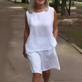 Women's Cotton-Linen Crew-Neck Sleeveless Casual Set