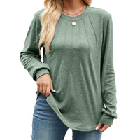 Solid-color Crew-neck Loose-fitting Long-sleeve T-shirt For Women