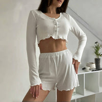 Pajamas Long Sleeve Shorts Suit For Women