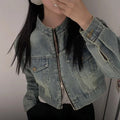 Stand Collar Double Pocket Design Loose All-matching Short Long Sleeve Denim Coat