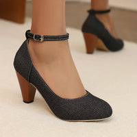 Denim Fabric Women's High Heel Buckle Waterproof Platform
