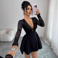 Fashionable And Elegant Solid-Colored Lace-Patchwork V-Neck Long-Sleeve Dress
